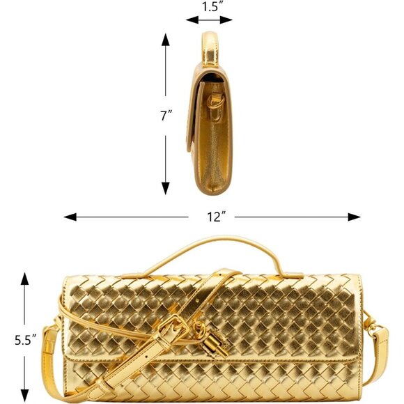 🆕Woven Clutch Purses for Women Gold Leather Evening Bag Shoulder Handbag - Picture 6 of 6